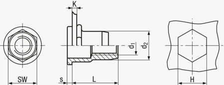 BN 7775 TUBTARA® HUPO (HUT/FEF) Rivetti tubolari filettati testa piatta, gambo semi-esagonale, aperti